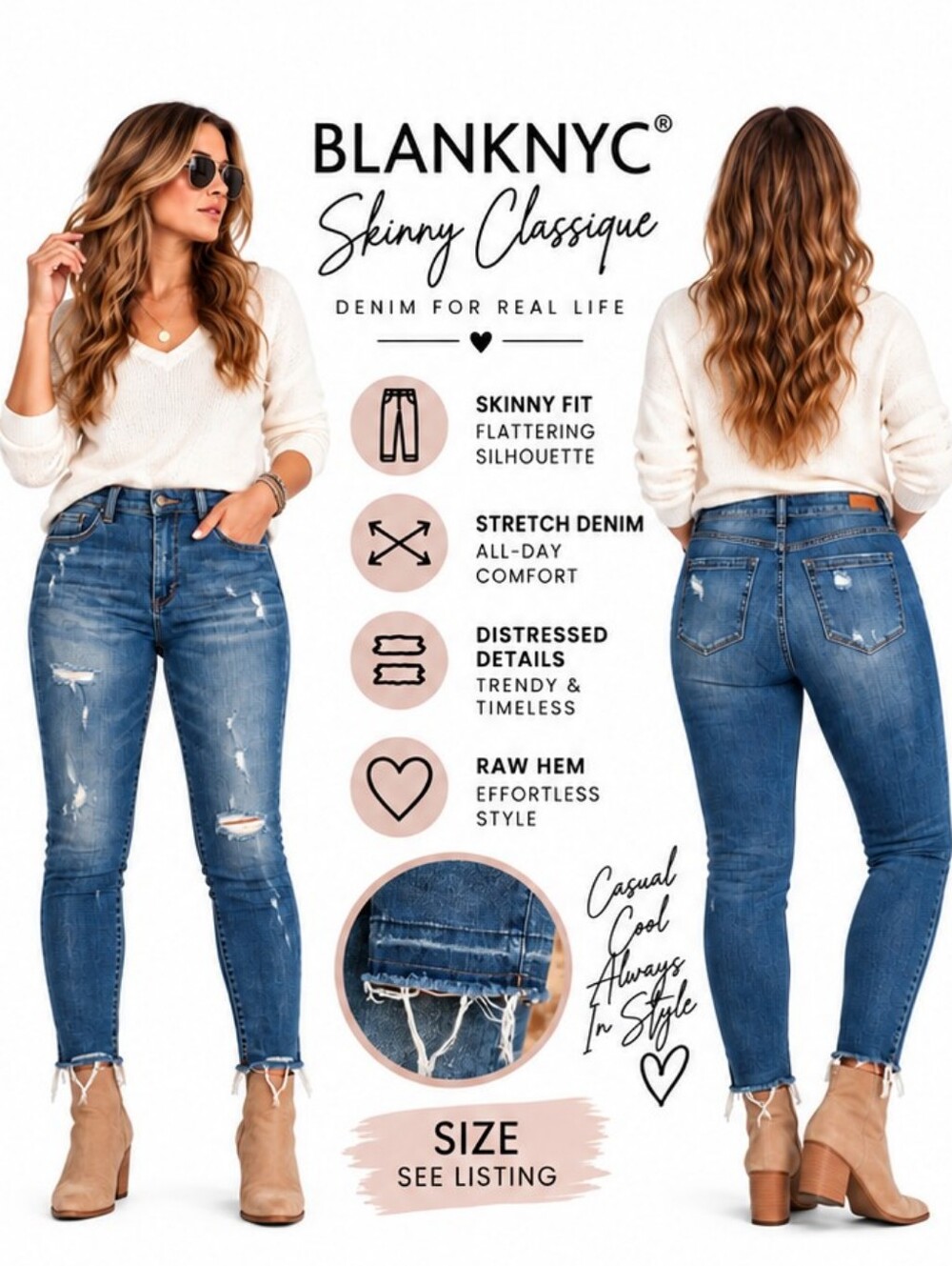 BLANKNYC Skinny Classique Distressed Raw Hem Jeans Size 30